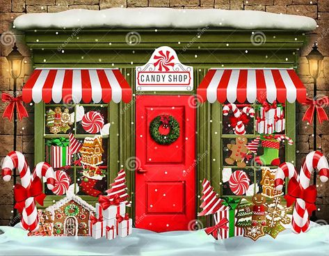 Christmas Candy Shop Illustration Stock Illustration - Illustration of lamp, entrance: 233617710 Christmas Candy Shop, Homeware Display, Christmas Backdrops For Photography, Christmas Miracle, Christmas Photography Backdrops, Custom Backdrops, Snow Photography, Muslin Backdrops, Green Candy