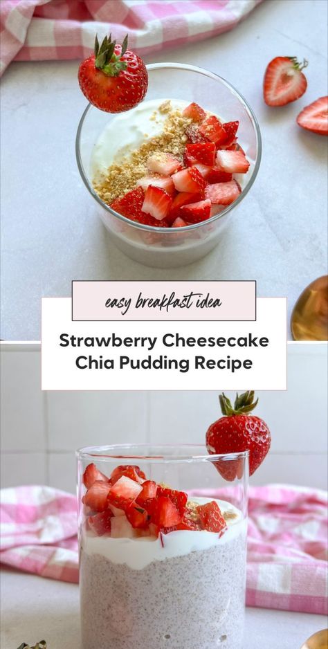 This strawberry cheesecake chia seed pudding is the perfect brunch recipe! Packed with protein and fiber it's the perfect make ahead breakfast. If you're looking for a yummy chia seed pudding this is it. You are sure to love this strawberry cheesecake chia seed pudding! Cheesecake Chia Pudding, Strawberry Chia Seed Pudding, Chia Pudding Recipes Healthy, High Fiber Snacks, Chia Seed Recipes Pudding, Chia Recipe, Anti Inflammation Recipes, Healthy Lunch Snacks, Chia Seed Recipes