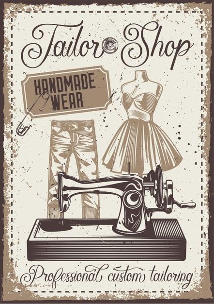 Vintage poster with illustration of a pa... | Free Vector #Freepik #freevector #frame #poster #vintage #texture Vintage Clothes Illustration, Sewing Poster, Illustrator Poster, Sewing Logo Design, Sewing Logo, Wall Art Diy Paint, Frame Poster, Craft Logo, Vintage Poster Design