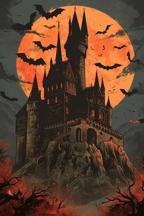 Haunted Castle Illustration, Retro Horror Wallpaper, Retro Horror Aesthetic, Dnd Ravenloft, Vampire Background, Dracula Wallpaper, Castle Vampire, Dracula Illustration, Space Vampire