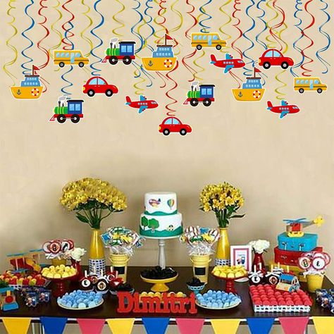 Party Ceiling Decor, Diy Hanging Decor, Vehicles Party, Toddler Birthday Party Themes, Ship Diy, Transportation Birthday Party, Cars Birthday Party Decorations, Transportation Party, 2nd Birthday Party For Boys