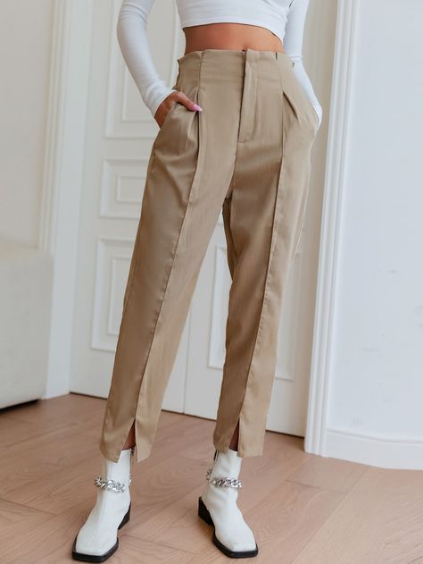 Khaki  Collar  Fabric Plain  Embellished Non-Stretch  Women Suits Formal Pant For Women, Plicated Pants, Suit Pant Design Women, Pants Formal Women, Pants For Women Formal, Formal Pants For Women, Women Suit Pants, Formal Pants Women, Work Outfits Frauen