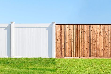 Vinyl vs. Wood Fence: What’s the Difference? Wood Grain Vinyl Fence, Good Neighbor Fence, How To Patch Drywall, Wood Fencing, Wall Repair, Wood Privacy Fence, Fence Boards, Drywall Repair, Fencing Material