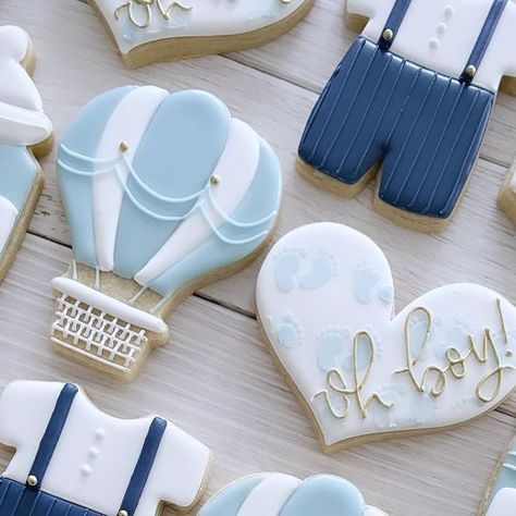 Hot Air Balloon Sugar Cookies, Airplane Baby Shower Cookies, Victorian Baby Shower, Hot Air Balloon Cookies, November Baby Shower, Balloon Birthday Themes, Boho Baby Boy, Baby Boy Cookies, Heart Onesie