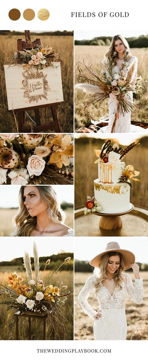 Fields of Gold Wedding Inspiration Sheath Wedding Gown, Gold Wedding Inspiration, Western Wedding Dresses, Bohemian Wedding Inspiration, Gold Palette, Fields Of Gold, Boho Wedding Inspiration, Wedding Inspiration Board, Bohemian Wedding Dress