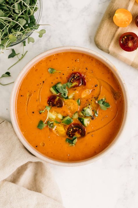 Heirloom Tomato Gazpacho Recipe | Nourished By Nutrition Gaspacho Soup, Nut And Seed Bread, Tomato Gazpacho, Fun Recipes To Try, Gazpacho Soup, Gazpacho Recipe, Chilled Soup, Summer Soup, Psyllium Husk