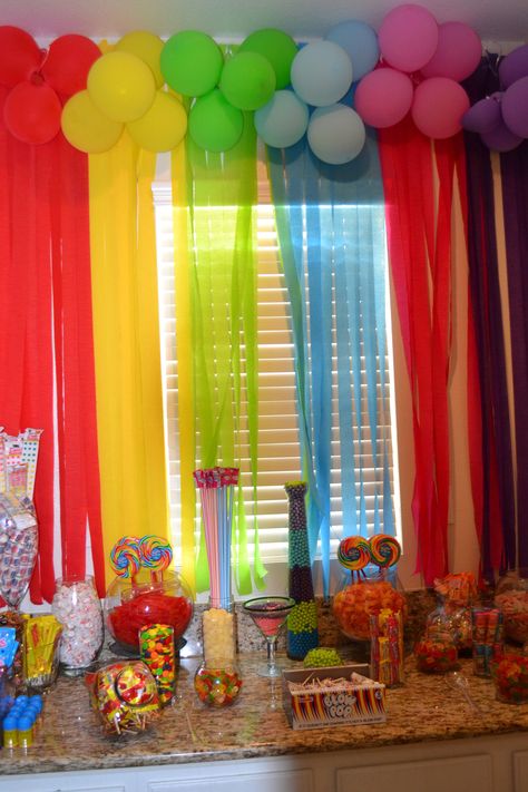 Candyland Hallway, Rainbow Sweet 16, Diy Beach Bathroom Decor, Candyland Float, Rainbow Candy Bar, Rainbow Chocolate, Eclectic Bathroom Design, Decorated Stockings, Sweet 16 Decorations