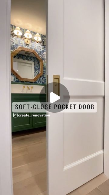 CReate Renovation & Design on Instagram: "> Space-Saving Solution Alert! < Say hello to our newly installed soft-close pocket doors in the chic powder room of our Central Park South project! 🚪💫 Not only does the pocket door add a touch of modern elegance to the powder room, but it also enhances functionality and convenience. With two way soft-close technology, these doors glide shut and opened with minimal effort, eliminating slamming noises and ensuring peace and tranquillity. If you’re looking to upgrade your home with a space-saving pocket door, contact us today for a consultation. 👷 Design | @vergarahomes GC | @create_renovation Custom Millwork | @create_renovation Pocket door mechanism | @sugatsuneamerica Thinking of renovating your NYC apartment? Get in touch with us! 📧 miguel Pocket Door Toilet Room, Bathroom Pocket Door Ideas Modern, Pocket Door For Bathroom, Bathroom Pocket Door Ideas, Large Pocket Door, Bathroom Pocket Door, Pocket Door Bathroom, Modern Pocket Doors, Pocket Doors Bathroom