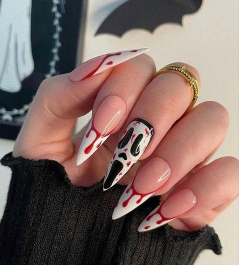 Horror Nails, Nail Art Halloween, Black Ghost, Long Press On Nails, Halloween Press On Nails, Halloween Acrylic Nails, Halloween Tattoo, Almond Nail, Thanksgiving Nails