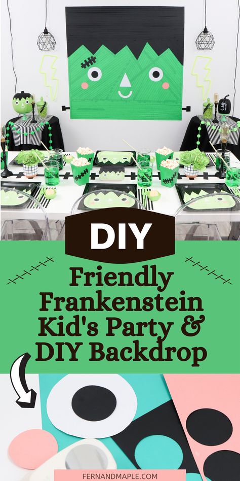 Set up a not-so-scary Friendly Frankie Frankenstein-Themed Halloween Party for Kids with an easy DIY masking tape party backdrop! Get details and step-by-step instructions now at fernandmaple.com! Easy Halloween Backdrop Ideas, Party Diy Backdrop, Frankenstein Party, Creepy Halloween Party, Themed Halloween Party, Halloween Class Party, Table Setting Ideas, Kid Friendly Halloween, Party Backdrops