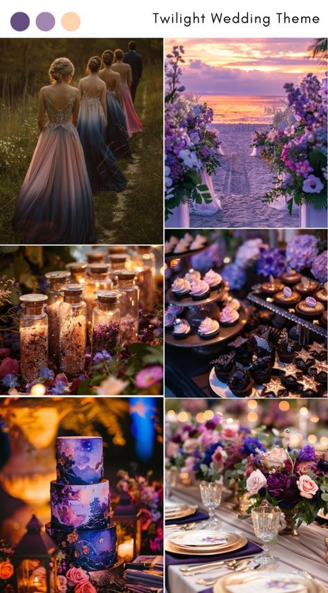 Night Wedding Theme Color Schemes, Acotar Inspired Wedding, Twlight Eclipse Wedding, Mystical Wedding Theme, Twilight Wedding Theme, Twilight Themed Wedding, Northern Lights Wedding, Night Themed Wedding, Moon Wedding Theme