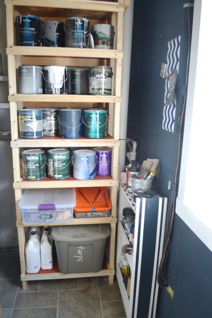 DIY paint supply storage - NewlyWoodwards Painting Supply Storage, Paint Supply Storage Ideas, Storing Paint Supplies, Gallon Paint Can Storage Ideas, Paint Can Storage Ideas, Paint Can Storage, Leftover Paint Storage, Wilton House, Garage Organizing