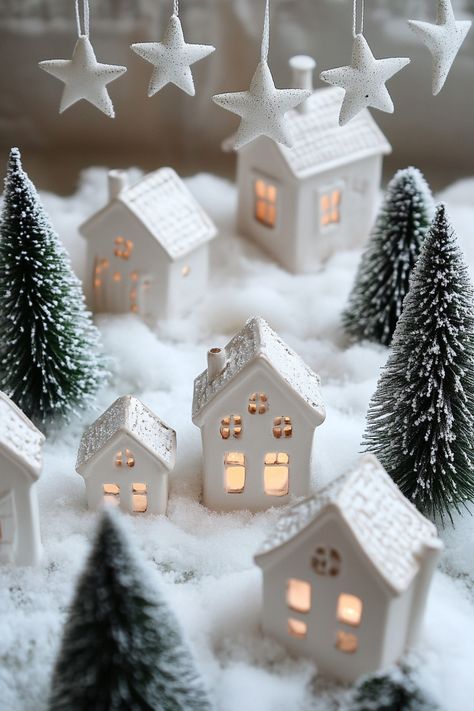 Snowy Forest Christmas Decor, Christmas Houses Village Display White, Winter Wonderland Decor, Ceramic Winter Village, Miniature Winter Village, White Ceramic House Christmas Village, Houses Christmas, Wonderland Decor, Star Ornaments