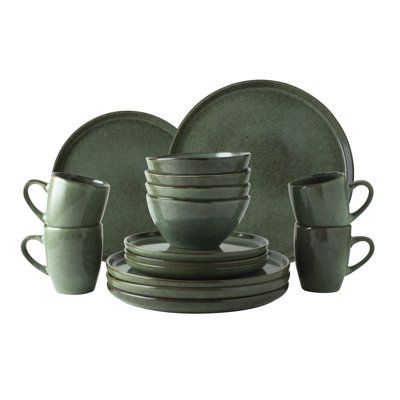 Whatever the occasion, this dinnerware set will put a smile on your face all year round. The dinnerware is hand-glazed and therefore each one has its own unique shape. Serenity stands for clarity and calmness and that is exactly what this tableware set radiates. Color: Green | Latitude Run® Bebee Giftset 16 Piece Dinnerware Camel Serenity Ceramic / Earthenware / Stoneware in Green | Wayfair Dish Sets Dinnerware, Green Dinnerware Set, Colorful Dinnerware, Green Dinnerware, Dishware Sets, China Dinnerware Sets, Casual Dinnerware, Glass Dinnerware, Stoneware Dinnerware Sets