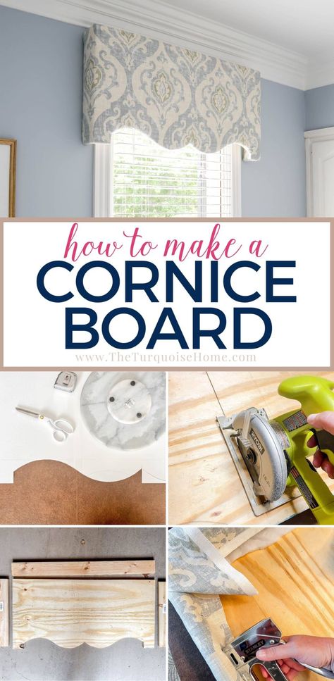 Do you want to dress up your windows on a budget? Window cornices are an easy way to customize your room with added texture and interest in just a few hours! Diy Cornice Board, Cornice Boards Diy, Window Cornice Diy, Diy Cornice, Cornice Board, Window Cornices, Cornice Boards, Diy Window Treatments, Diy Window