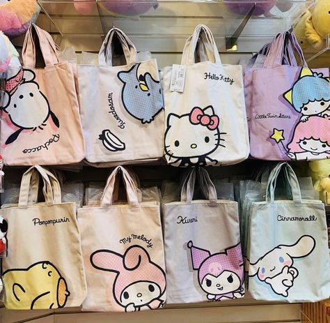 Painted Canvas Bags, Cinnamoroll Pompompurin, Handpainted Tote Bags, Simple Handbag, Canvas Bag Diy, Hello Kitty Birthday Party, Hello Kitty And Friends, Hello Kit, Printed Canvas Tote Bag