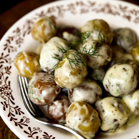 New Potatoes with Creamy Dill Sauce - Joyfuel Eats Dill Cream Potatoes, Mini Hasselback Potatoes With Creamy Dill Dip, Creamed Dill Potatoes, Dill New Potatoes, Dill Potatoes Boiled, Dill Sauce For Potatoes, Creamy Dill Sauce For Potatoes, Potatoes And Dill, New Potatoes In Cream Sauce