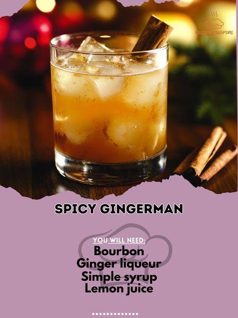 Warm up your spirits with this spicy ginger cocktail that's perfect for chilly nights! 🥃🔥 #SpiceItUp #GingerDelight Spicy Gingerman Ingredients: Bourbon (2 oz) Ginger liqueur (1 oz) Simple syrup (1/2 oz) Lemon juice (1/2 oz) Ground cinnamon (a pinch) Ice cubes (as needed) Cinnamon stick (for garnish) Instructions: Combine bourbon, ginger liqueur, simple syrup, lemon juice, and a pinch of cinnamon in a shaker with ice. Shake well and strain into a glass. Garnish with a cinnamon stick. 🌶️🍂 ... Ginger Liqueur Cocktails, Gin Ginger Ale Cocktails, Cocktails With Ginger Liqueur, Lemon Ginger Vodka Cocktail, Whiskey Ginger Ale Cocktail, Gin Ginger Beer Cocktail, Ginger Cocktails, Ginger Liqueur, Thanksgiving Cocktails