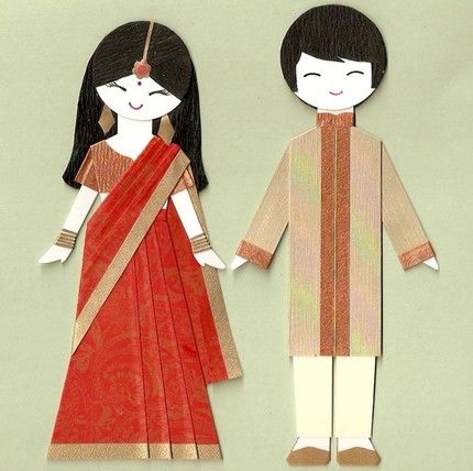 Paper doll India Indian Boy, Japanese Origami, Indian Dolls, Paper People, Indian Bride And Groom, Indian Crafts, Card Toppers, Art N Craft, Holiday Paper