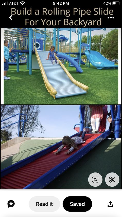 Playfort Ideas, Roller Slide Diy, Garden Playground Ideas, Diy Slide Playground, Diy Outdoor Slide, Cute Backyard Garden, Roller Slide, Backyard Slide, Diy Slide