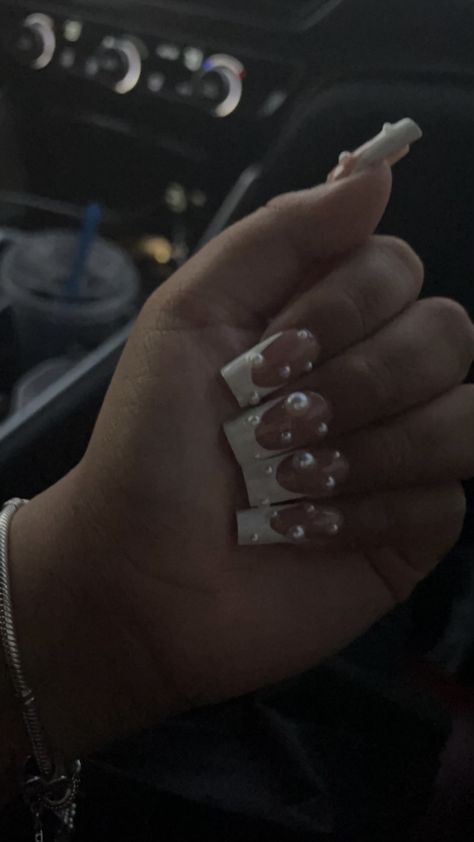 Square Pearl Nails, Deep French Tip Nails Square, Nude Nails With Pearls, Pearl Nails Square, French Tip Pearl Nails, Diamond French Tip Nails, Enid Nails, French Tip Nails With Pearls, French Tip Pearl