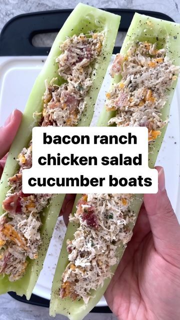 Chicken Salad On Cucumber Slices, Low Carb No Cook Lunches, Bacon Ranch Chicken Salad Cucumber Boats, Chicken Bacon Ranch Lettuce Boats, No Carb Lunches, Hot Weather Snacks, Eoe Diet Recipes, Keto Lunch Ideas To Work, Sugar Free Lunch Ideas