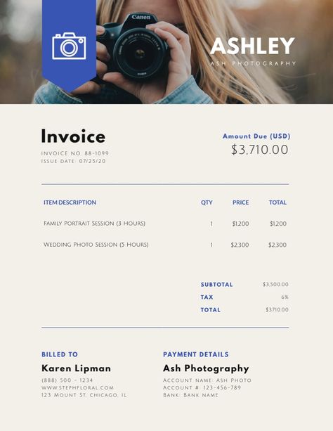 Photography Invoice Template Visme Photography Advertisement, Photography Invoice Template, Photography Invoice, Invoice Template, Cool Poses, Photography Services, Family Portraits, Photo Sessions, Photography Poses