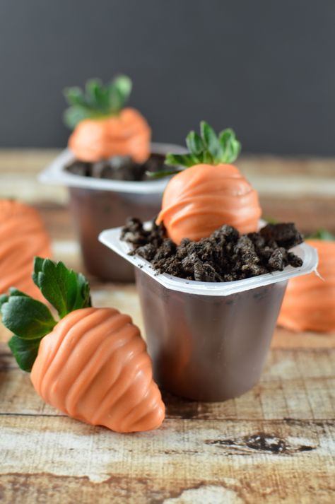 Make these darling Easter treats with pudding cups, Oreos, and strawberries. These are the cutest carrots in delicious cookie "dirt!" Oreo Dirt Cups, Barnyard Vbs, Oreo Dirt Pudding, Dirt Pudding Cups, Chocolate Pudding Cups, Dirt Dessert, Dirt Pudding, Oreo Dirt, Easy Easter Treats