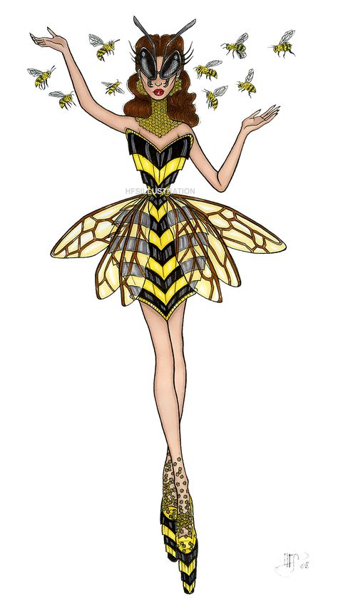 Insect Inspired Dress, Bee Fashion Design, Bee Outfit Drawing, Fashion Illustration Sketches Dresses Design Inspirational, Illustration Dress Design, Halloween Costume Drawing, Costume Design Drawings, Bee Clothes, Bee Outfit