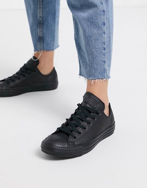 Converse Chuck Taylor All Star Ox black leather monochrome trainers | ASOS How To Lace Converse, Converse Women, Leather Converse, Star Converse, Floral Sneakers, New Converse, Marken Logo, Converse Sneakers, White Trainers