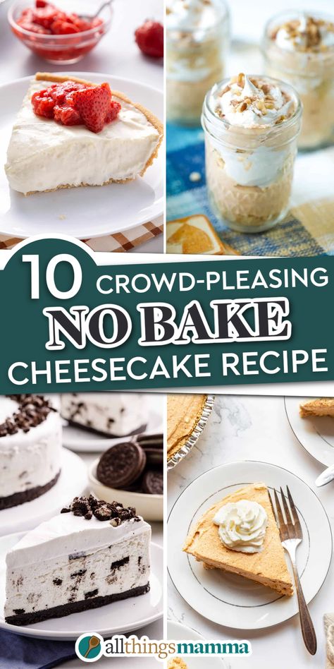 collage image showing No-Bake Cheesecake Recipes. Recipes With Philadelphia Cheesecake Filling, Cheesecake Type Desserts, No Bake Cheesecake With Pudding Recipes, No Bake Cheesecake Topping Ideas, Box Cheesecake Ideas, Jello No Bake Cheesecake Box Recipes, No Bake Cream Cheese Recipes, Cheesecake Crust Ideas, Philadelphia No Bake Cheesecake Recipes