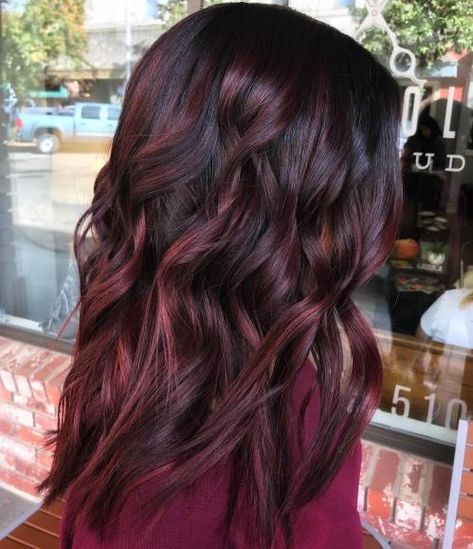 Black Hair with Burgundy Balayage Plum Hair Color With Highlights, Burgundy Plum Hair, Burgundy Plum Hair Color, Short Burgundy Hair, Pelo Color Borgoña, Hair Color With Highlights, Plum Hair Color, Dark Burgundy Hair, Color With Highlights