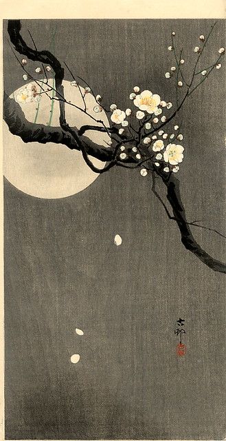 Branch and moon | Ohara Koson (via www.incisione.com) | missmac | Flickr Ukiyo E Painting, Traditional Japanese Art Aesthetic, Japanese Ukiyo-e, Japanese Art Prints Traditional, Ukiyo E Wallpaper, Japanese Moon Tattoo, Japanese Painting Traditional, Ukiyoe Design, Japanese Art Flowers