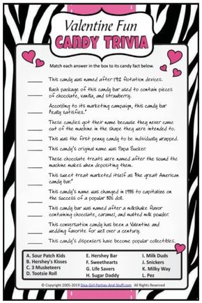 Valentine Fun Candy Trivia - Match each of 12 candies with one of the fun facts. #ValentineGame #Printable Game #CandyTrivia Valentines Quiz, Food Trivia, Trivia Party, Resurrection Eggs, Travel Trivia, Valentine's Day Party Games, Family Feud Game, Bar Game, Valentines Games