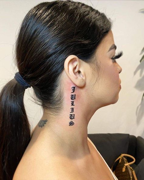 Word Neck Tattoos, Name Tattoos On Neck, Husband Name Tattoos, Neck Tattoo Women, Tattoo Font For Men, Leg Sleeve Tattoos, Leg Tattoo Ideas, Face Tattoos For Women, Side Neck Tattoo