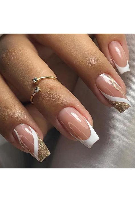 24Pcs Press on Nails Medium Length Coffin Fake Nails Nude Glossy White Gold Dust Design White And Gold French Nails, Nails Medium Length Coffin, Gold Coffin Nails, Gold French Tip, Acrylic Nails Nude, Nails Medium Length, Press Nails, Press On Nails Medium, Nails Nude