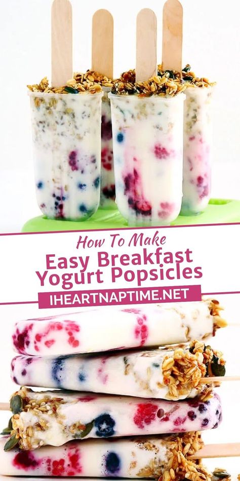 Popsicles for breakfast! Yes, you heard right. These easy breakfast yogurt popsicles are not only delicious but are also packed with summer fruits and topped with a crunchy granola. Breakfast Popsicles, Frozen Yogurt Popsicles, Yogurt Berries, Homemade Frozen Yogurt, Breakfast Yogurt, Summer Popsicles, Healthy Popsicles, Yogurt Popsicles, Yogurt Breakfast