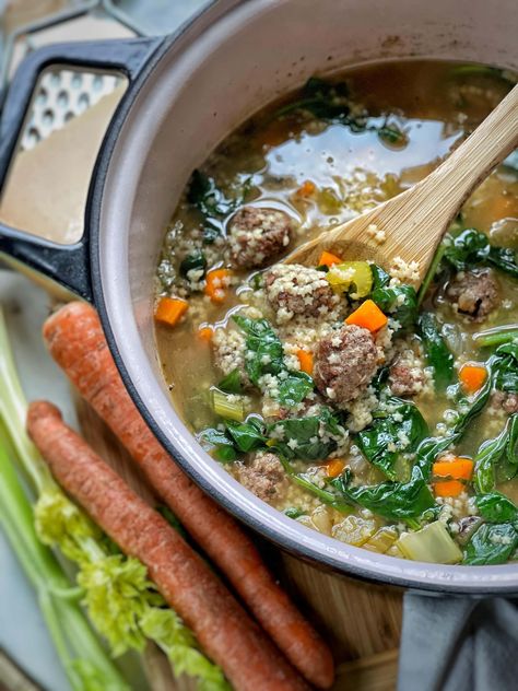 Healthy Italian Wedding Soup Sweet And Savory Steph, Healthy Italian Wedding Soup, Sweet Savory And Steph, Mini Pasta, Spinach Healthy, Healthy Chicken Pot Pie, Italian Wedding Soup Recipe, Creamy Spaghetti, Healthy Butternut Squash