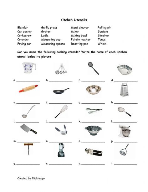 Kitchen Utensils Worksheet, Occupational Therapy Activities, Money Math, Matching Worksheets, Food Tech, Food Technology, Lowercase Alphabet, Word Bank, Teacher Worksheets