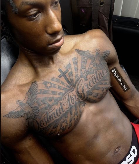 Shoulder And Bicep Tattoo Men, Cross Stomach Tattoo, Black Men Back Tattoos, Chest Sleeve Tattoo Men, Chest Peices Tattoos For Men, Chest Tattoo Black Men, Black Men Chest Tattoos, Rose Tattoo Men Chest, Humble Beast Tattoo Men