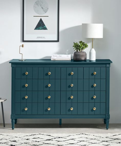 Bourbon Vintage Wide Chest Of Drawers, Petrol Blue & Brass | MADE.com Blue Painted Cabinets, Blue Chest Of Drawers, Blue Painted Furniture, Wide Chest Of Drawers, Chest Of Drawers Bedroom, Drawers Bedroom, Bedroom Drawers, Table Lamp Wood, Contemporary Living Spaces