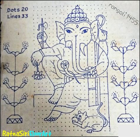 Festival rangoli | 20 dot Daily rangoli design 1455 - 20 x 33 straight dots.  Ganesh chathurdhi / Vinayaka Chavithi Exclusive rangoli for huge spaces!  This is from Amma's oldest rangoli book :)  A mandatory point to remember here is, any such national flag rangolis or deity rangolis should be drawn only at around Flag post/ Puja places or any corner where there is no human treading/stamping. Ganesha Rangoli With Dots, Rangoli Designs Ganpati Festival, Rangoli Designs For Ganesha Festival, Ganpati Festival Rangoli, Gauri Ganapati Rangoli Design, Vinayaka Chavithi, Festival Rangoli, Daily Rangoli, Small Rangoli