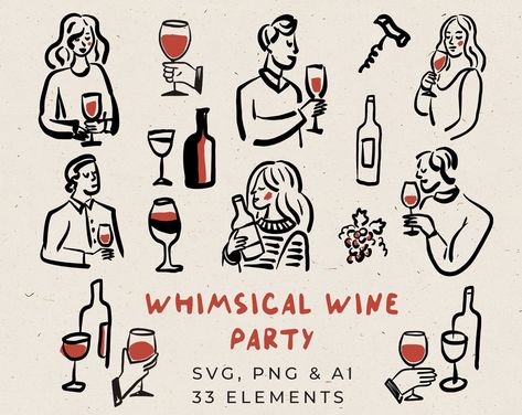 Vin Aesthetic, Drinking Wine Illustration, Wine Doodle, Wine Dinner Party, Wine Label Illustration, Rehearsal Dinner Party, Wine Illustration, Wine Branding, People Drinking