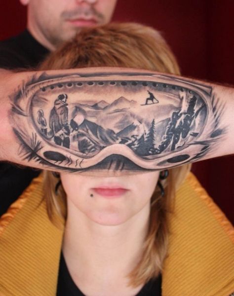 mountain reflection into ski goggles tattoo Snowboarding Tattoo, Snowboard Tattoo, Skiing Tattoo, Dirt Bike Tattoo, Skateboard Tattoo, Winter Tattoo, Sport Tattoos, Bike Tattoos, Arte Doodle