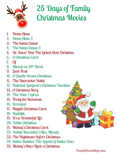 31 Christmas Movies, 30 Days Of Christmas Movies, Movie Night Ideas Christmas, 25 Days Of Christmas Movies List, Christmas Themed Movie Night Ideas, Christmas Movies List Kids, Christmas Day Ideas Families, Kids Christmas Movies List, 25 Christmas Movies