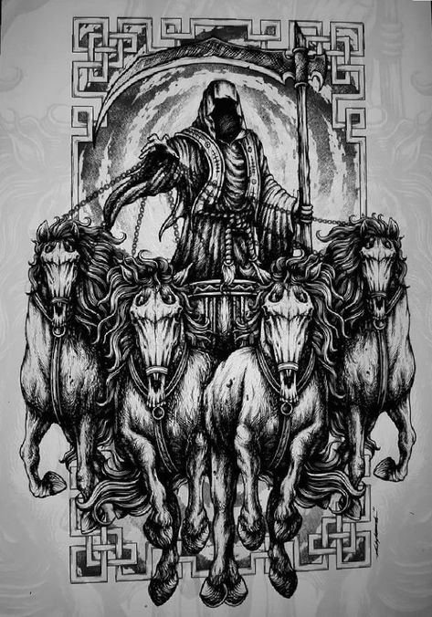 Four Horseman Tattoo, Apocalypse Tattoo, Horse Tattoo Design, Occult Tattoo, Grim Reaper Art, Scary Tattoos, Mythology Tattoos, Sketch Tattoo Design, Dark Art Tattoo