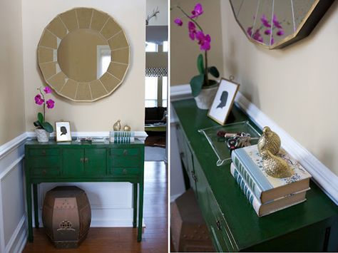 I need to find a spot for green Green Entry Table, Console Mirror, Green Chairs, Green Desk, Entry Tables, Table Styling, Green Table, Walls Room, Design School