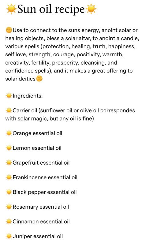 Apollo Altar Ideas, Hoodoo Rituals, Spell Oil Recipe, Sun Magick, Witchcraft Oils, Witchy Oils, Witchy Ingredients, Wicca Oils, Witch Oils