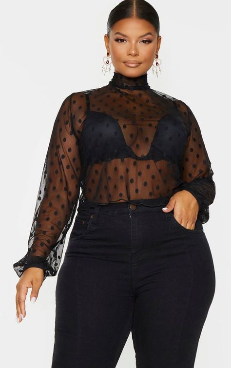 Plus Size Tops | Plus Size Blouses | PrettyLittleThing USA Shirt Dress For Ladies, Plus Size Going Out Outfits, Dress For Ladies, Polka Dot Crop Top, High Neck Crop Top, Long Sleeve Wrap Dress, Flattering Tops, Curvy Model, Clothing Plus Size