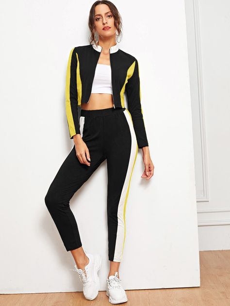 Zip Up Color-block Crop Sweatshirt & Pants Set -SheIn(Sheinside) Track Suit, Sports Suit, Sporty Outfits, Crop Sweatshirt, Winter Fashion Outfits, Clothing Co, Two Piece Outfit, Crop Jacket, Fashion News